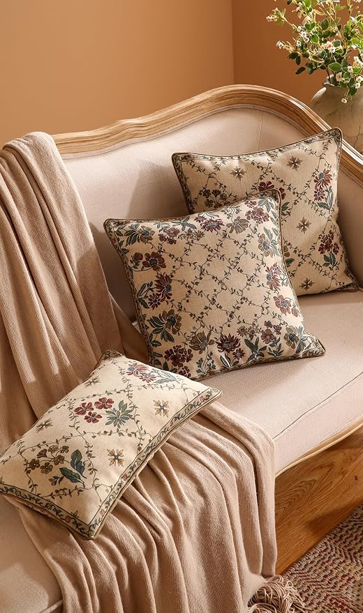 patdrea French Vintage Linen Throw Pillow Cover,Set of 4-Audrey | Decorative Pillow Case with Zipper,Brown Floral Pattern,Pillow Cover for Couch Living Room Bedroom Sofa