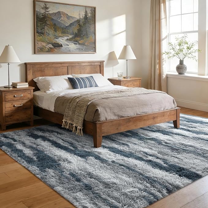 Large Shaggy 6x9 Area Rugs for Living Room Decor, Non-Slip Tie-Dyed Rugs for Bedroom Kids Playroom Dorm Room, High Pile Ultra Soft Carpet, Blue