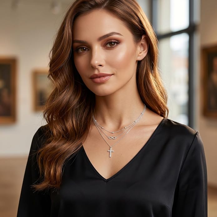 MONGAS Boho Layered Necklace Sterling Silver Triple 3 Stacked Vertical Bar Triangle Long Layering Necklaces Christmas Jewelry Gifts for Women