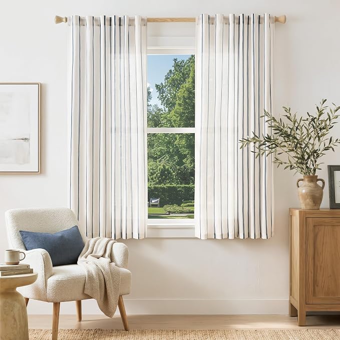 Vangao Striped Curtains Blue on White Semi Sheer Curtains 63 Inches Long for Bedroom Living Room Modern Farmhouse Linen Textured Light Filtering Drapes 2 Panels Blue W50 x L63 Inch