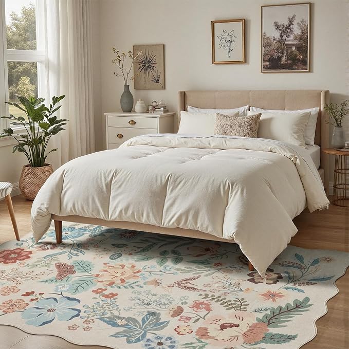 DCX Vintage Floral Rug 6x9, Washable Beige Rug for Living Room, Kid & Pet Friendly with Rubber Back Non Slip, Soft Low Pile Carpet, Stain Resistant Rug for Bedroom, Nursery, Dining Room