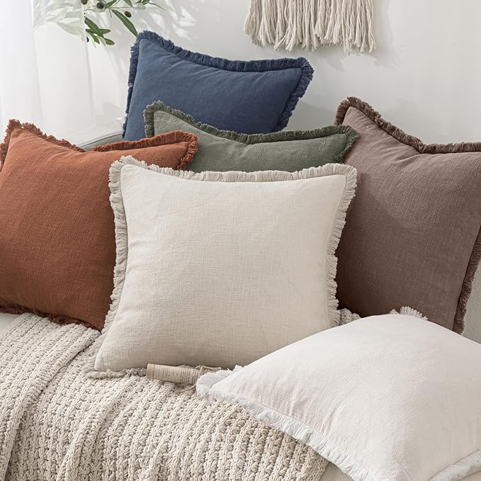 MIULEE Decorative Throw Pillow Covers Neutral Linen Fringe Throw Pillows Euro Shams Set of 2 Malt Ball Boho Farmhouse Cushion Covers for Couch Sofa Bed Living Room Fall Home Decor 24x24 Inch