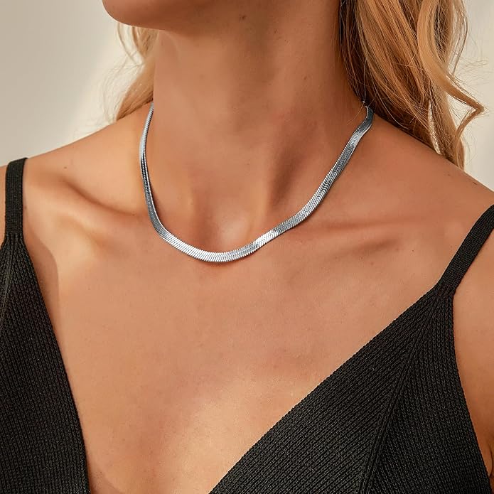 Jewlpire 3mm 4mm 5mm Herringbone Necklace 18K Gold Plated 925 Sterling Silver Chain Necklace for Women, Flat Snake Chain Necklace, Women's Chains Necklaces 16 18 20 22 24 Inch