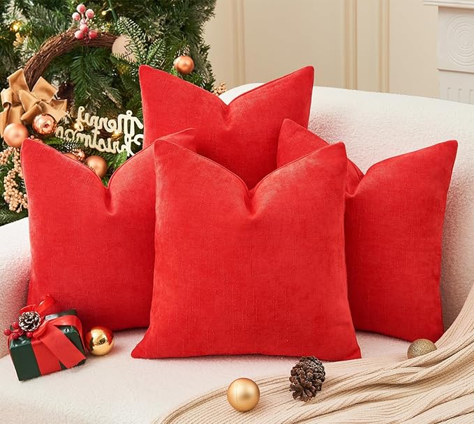 Pack of 4 Christmas Red Pillow Covers 18x18 Inch Chenille Throw Pillow Covers Solid Decorative Soft Xmas Cushion Covers Home Boho Textured Decor for Couch Sofa Bed Living Room