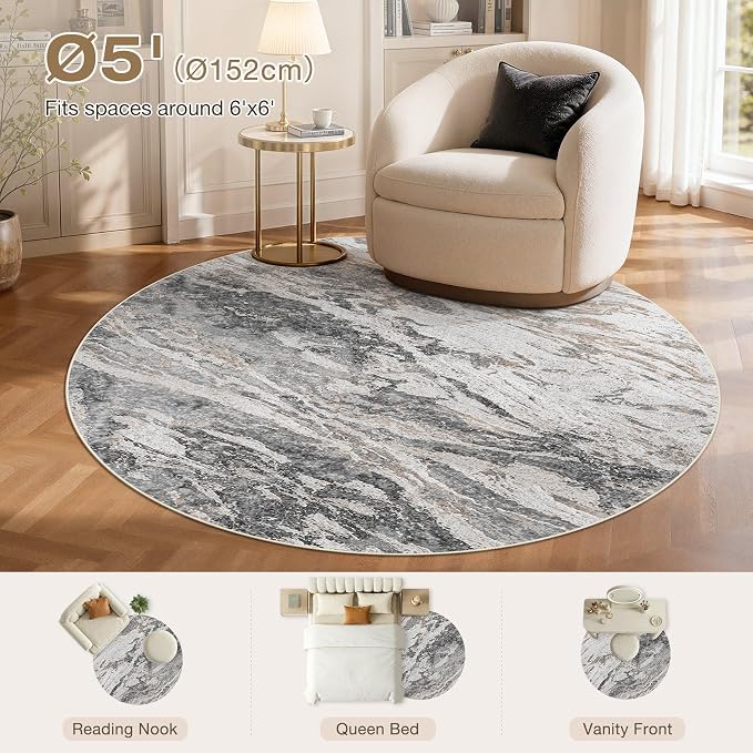 Area Rugs for Living Room: 5ft Round Abstract Washable Rug Modern Neutral Large Soft Stain Resistant Non-Slip for Bedroom Dining Room Indoor Home Office Carpet - Tapue