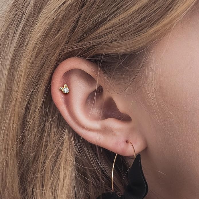 COCHARM 14K Gold Threadless Helix Cartilage Tragus Earring Stud, 16g Cat 14K Real Gold Tragus Labret Stud Flat Back, 14Kt Push Pin Helix Cartilage Piercing Jewelry