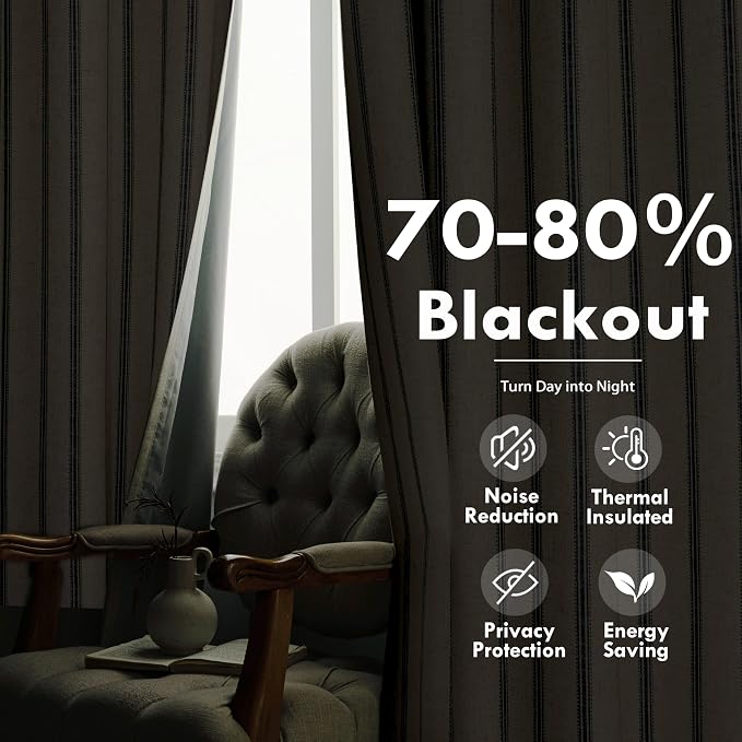 DriftAway Farmhouse Stripe Blackout Curtains, W52xL102, Navy Blue | Blackout, Linen Texture, Stripe Pattern, Rod Pocket & Back Tab, Two Layers, Bedroom Living Room Use, Sound Reducing Design