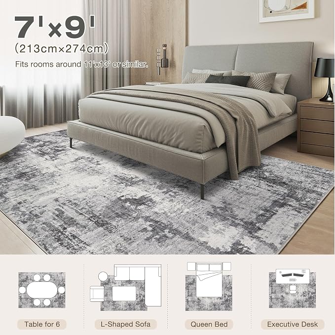 Abstract 7x9 Area Rug: Machine Washable Non Slip Ultra Thin Low-Pile Carpet, Soft Stain Resistant for Living Room Bedroom Nursery, Kid Pet Friendly, Robot Vacuum Compatible - Grey