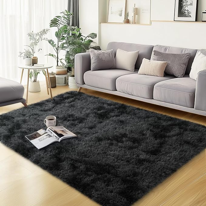 qulint 3x5 Area Rugs for Bedroom, Fluffy Rug for Living Room, Black/Grey | Soft Shag Tie-dyed Black Gray Rug for Boy Room, Small Fuzzy Plush Shaggy Alfombras for Dorm Nursery Classroom Home Decor