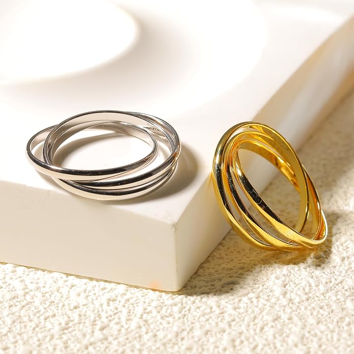 14K Gold Plated Interlocking Fidget Anxiety Ring 925 Sterling Silver Stackble Rings for Women Men Rolling Triple Spinner Ring Minimalist Trendy Knuckle Rings Jewelry Birthday Graduation Gifts