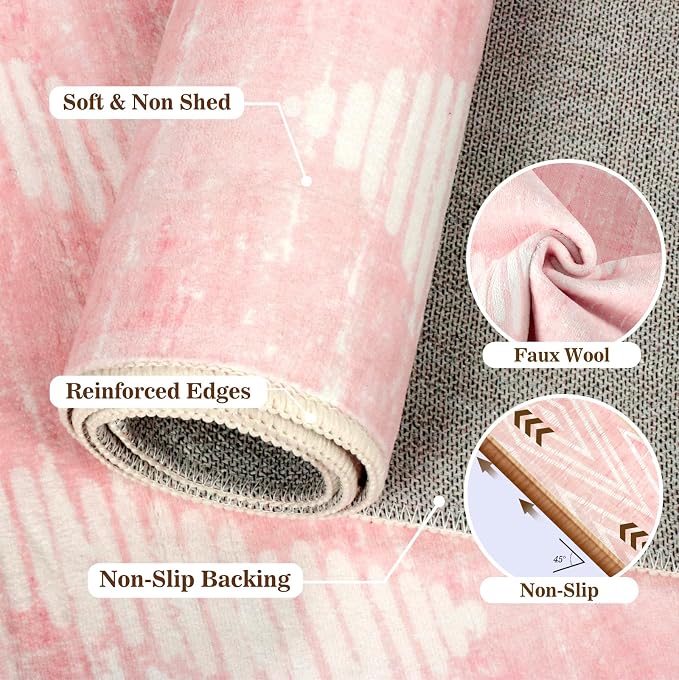 Boho Pink Washable Area Rugs 5x7ft for Living Room, Soft Bedroom Nursery Rugs Non Slip, Modern Thin Kids Playroom Floor Carpets for Dining Room Home Office Decor