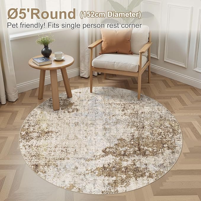 5ft Round Area Rug Living Room Rugs - 5x5 Washable Large Soft Indoor Neutral Modern Abstract Low Pile Rug Carpet for Bedroom Dining Room Farmhouse Home Office - Light Brown