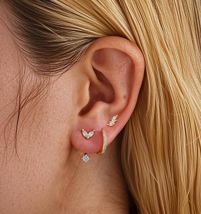 6 Pairs 14K Gold Plated Stud Earrings for Women, Hypoallergenic Cartilage Earrings for Multiple Piercing, Dainty Small Stackable Earrings Set for Jewelry Gift