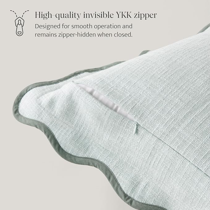 Double Stitch Scalloped Throw Pillow Covers - 100% Cotton Set of 2 Decorative Boho Pillow Covers 18 x 18, Made in India, Square Cushion Case, Modern Home Decor for Couch Sofa Living Room, Aqua Mint