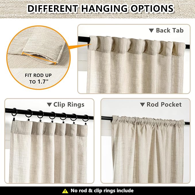 MYSKY HOME Boho Curtains Farmhouse Living Room Curtain Drapes, Light Filtering Semi Soft Cotton Blend Sheer Window Treatments for Sliding Glass Door Doorways, 50" x 90", Light Oatmeal, Set of 2