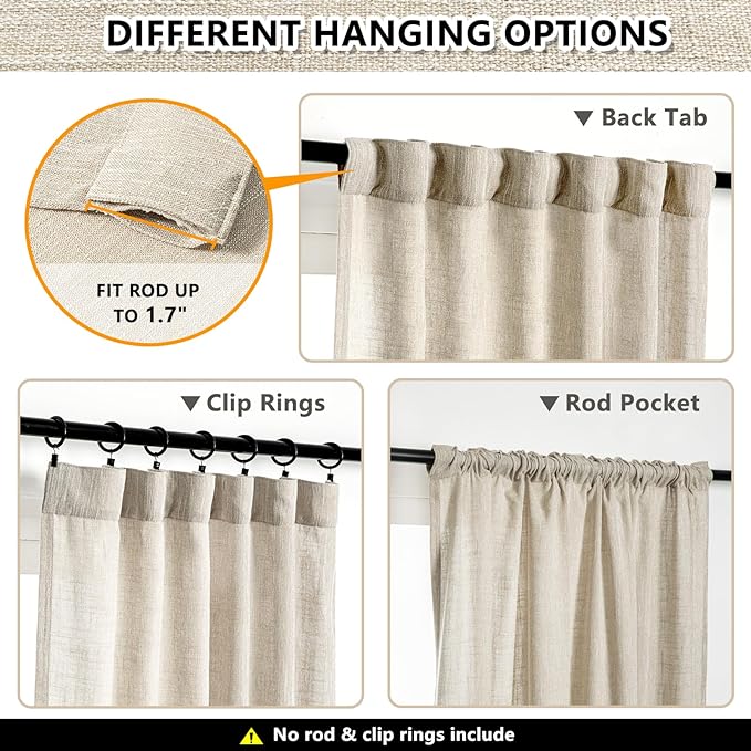 MYSKY HOME Curtains for Kitchen Windows, Sheer Curtains 63 Inch Length for Girls Bedroom Boho Linen Look Textured Fabric Soft Touch Light Filtering, 50" Wide, Light Oatmeal, Set of 2