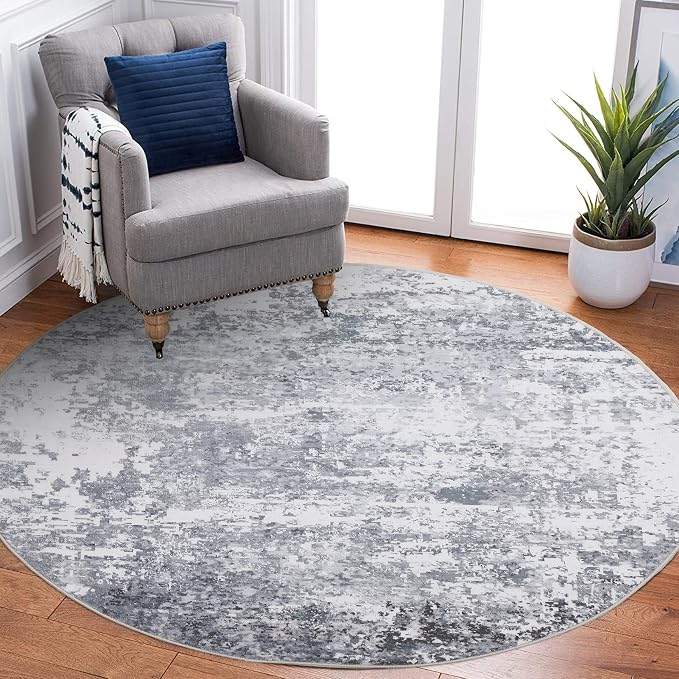 ROYHOME Modern Abstract 4x4 Round Area Rug Non Slip Non Shedding Rug Low Pile Stain Resistant for Bedroom Living Room Office Dining Room,Light Grey