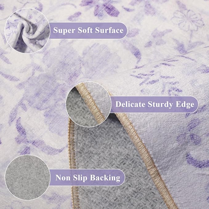 DUKINO 3x5 Rug, Washable Vintage Floral Bedroom Area Rug Non Slip, Purple | Low Pile, Non-Shedding, Aesthetic Lightweight Soft Indoor Small Carpet for Bathroom Entryway Living Room Office Farmhouse