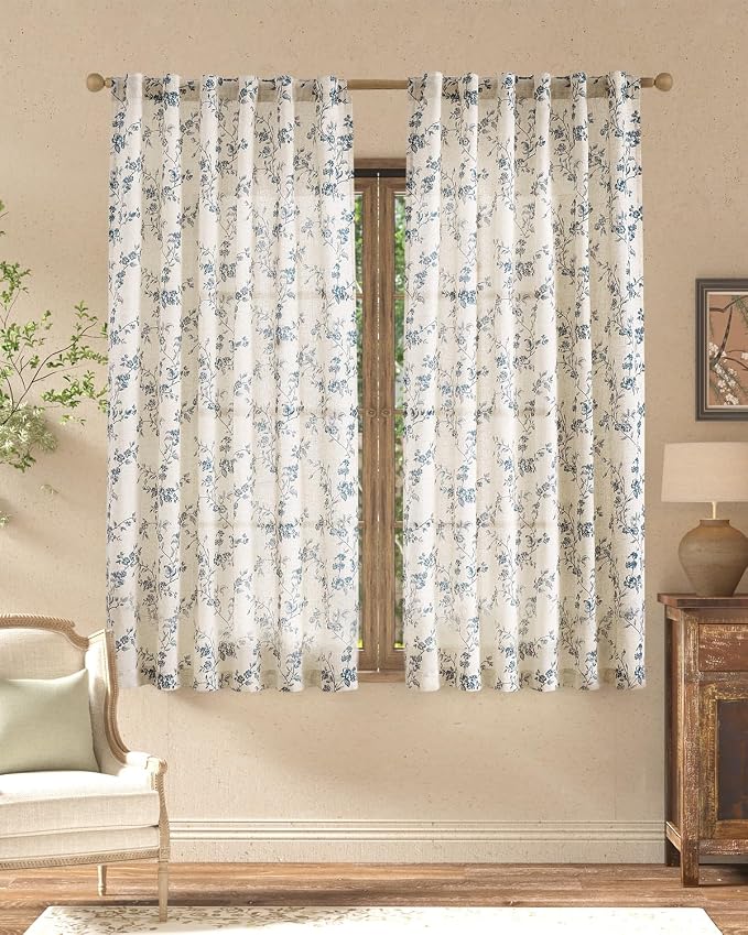 jinchan Blue Floral Linen Curtains 63 Inch French Country Back Tab 2 Panels | Flower patterned, short drapes, farmhouse, light filtering, bedroom, living room, kitchen, small window treatment, rod pocket