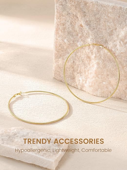 KeyStyle Gold Hoop Earrings for Women, Stainless Steel Hoops Earring Lightweight Loops, 2 mm Thick Hypoallergenic Circle Endless Thin Hoop (20/30/40/50/60/70/80/90/mm)
