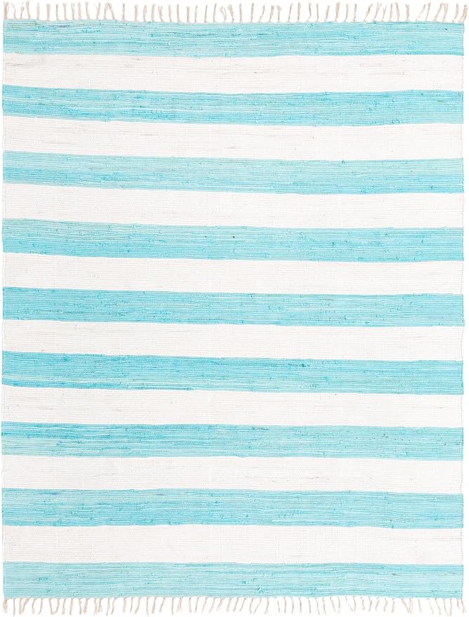 Unique Loom Chindi Rag Collection Area Rug - Striped (7' 10" x 10' Rectangle, Turquoise and Ivory)