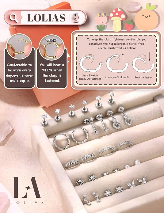 LOLIAS Hypoallergenic Flat Back Earrings for Women Girls-Surgical Stainless Steel Earrings for Sensitive Ears-Cute Flatback Stud Earring Set Small Hoops Cartilage Earring Stacks