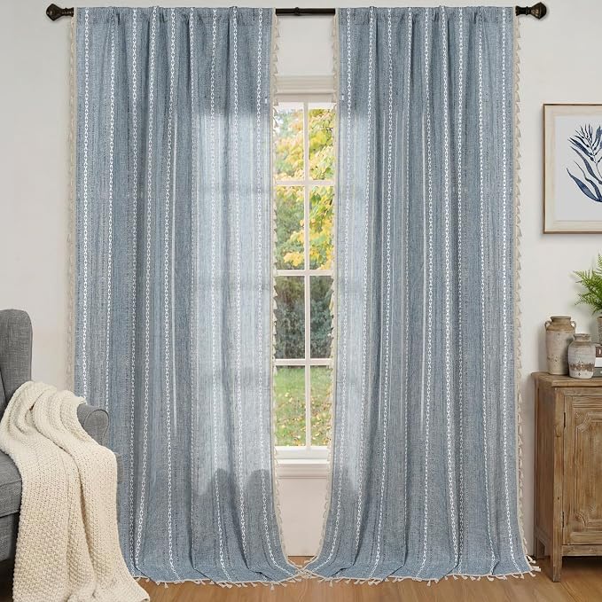 ColorBird Blue Boho Linen-Textured Floor to Ceiling Curtains for Living Dining Room Sliding Door Light Filtering 108 Inches Long Modern Farmhouse Curtains & Drapes for Master Bedroom Big Window
