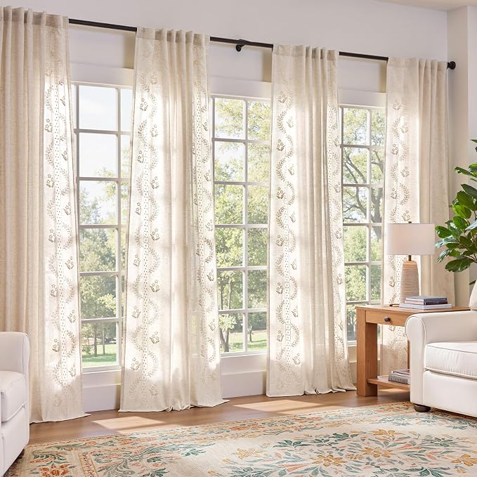 jinchan Floral Linen Curtains 84 Inch Farmhouse Back Tab 4 Panels Ivory | Embroidered curtains,boho curtains,living room,bedroom,light filtering,privacy,flower patterned drapes,window treatment