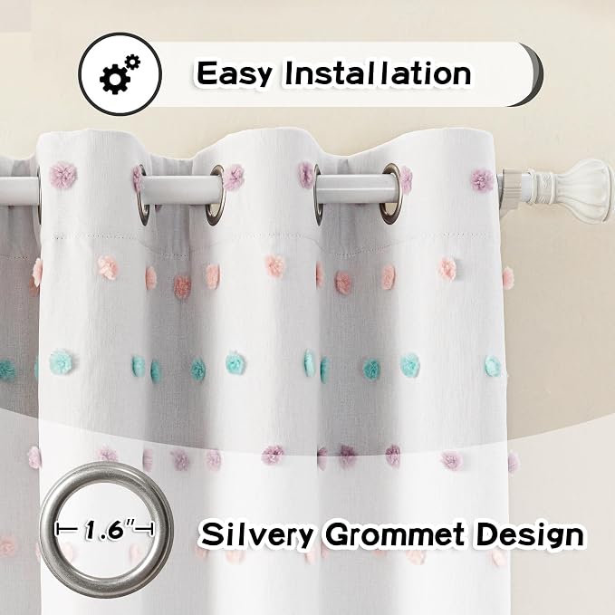 MYSKY HOME 100% Blackout Curtains for Bedroom Total Light Blocking Curtains 90 Inch Long Room Darkening 2 Panels Grommet Double Layer Privacy Window Drapes with Rainbow Pom Pom Sheer 52" x 90"