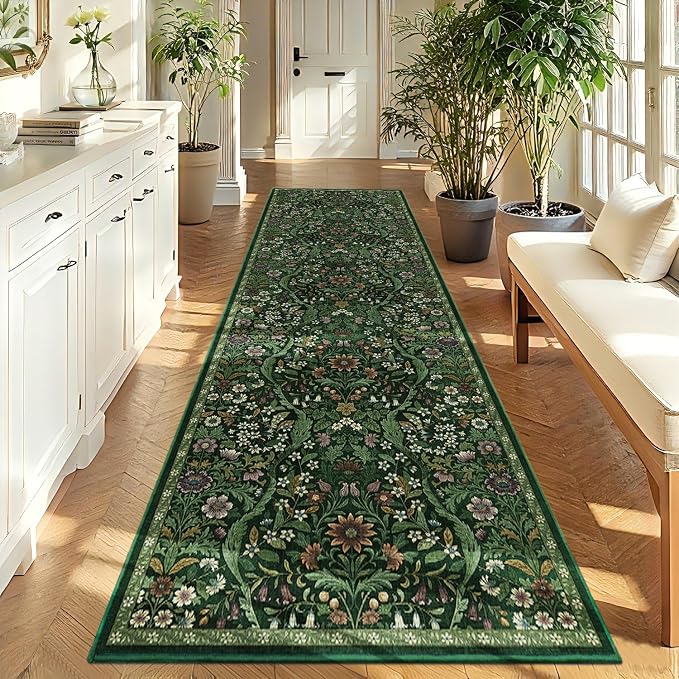 3×10 Washable Runner Rug,Dark Green Floral Kitchen Rugs for Hallway,Low-Pile Non-Slip Stain Resistant Carpet for Kitchen, Bedside,Laundry Room,Entryway
