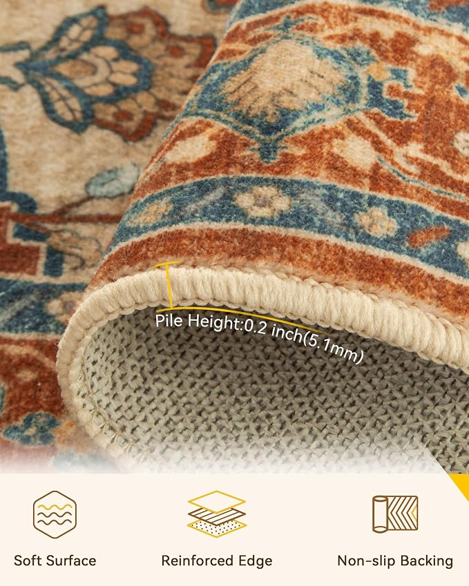 RELEANY Area Rugs 7'x10' Washable Non-Slip, Floral Vintage Distress Medallion Carpet for Living Room Bedroom Dining Room, Red Orange Blue Brown