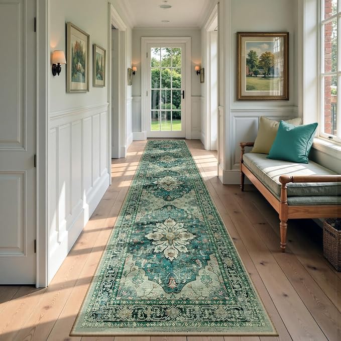 RELEANY Area Rugs Runner 2'6"x14' Washable Non-Slip, Floral Vintage Distress Medallion Carpet for Kitchen Hallway Bedroom Beside Laundry Room Bathroom, Dark Blue Vintage