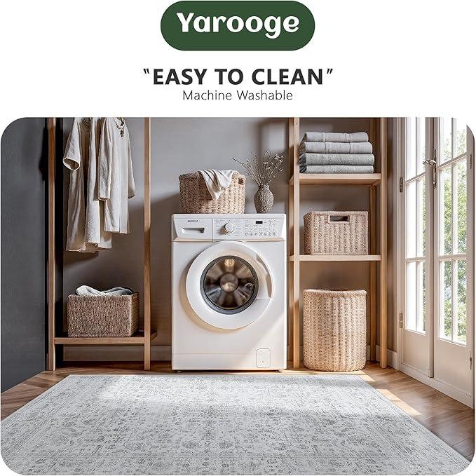 5x7 Area Rugs, Washable Vintage Retro Floral Rug for Living Room, Low Pile Non Slip Distressed Large Carpet for Bedroom, Dining Room, Office, Home (Grey)