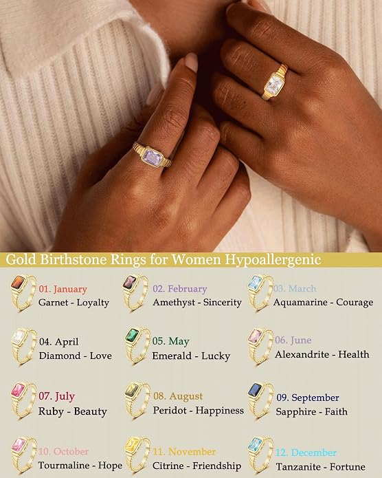 ZHESHY Birthstone Gold Rings for Women Non Tarnish Vintage Gemstone Emerald Rings 14K Gold Plated CZ Signet Thumb Band Rings Jewelry Gift for Birthday Size 6-10
