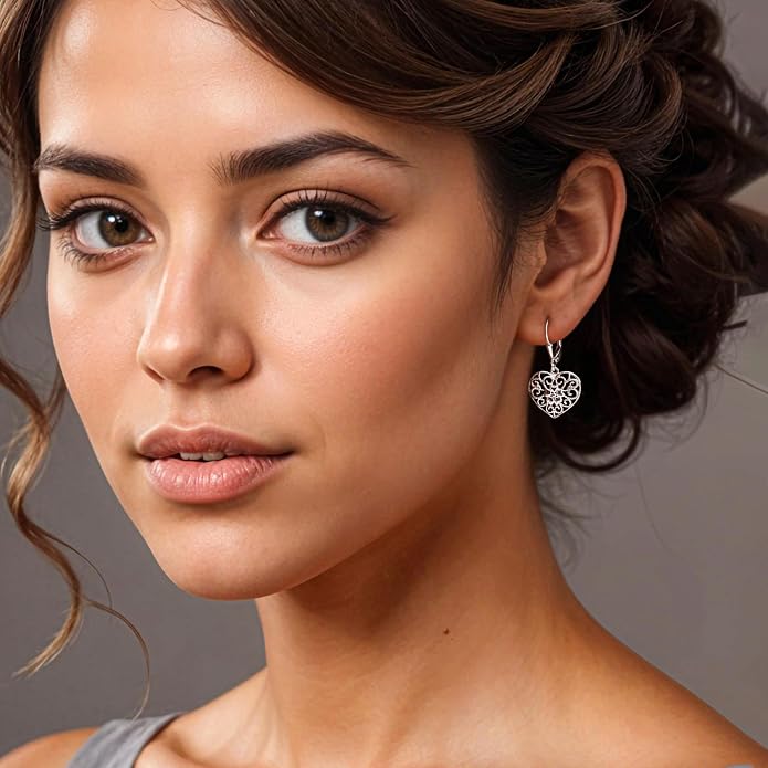 Charmsy 925 Sterling Silver Filigree Earrings for Women | Lightweight Diamond-Cut Openwork Leverback Dangle Earrings | Romantic Jewelry Gifts for Women
