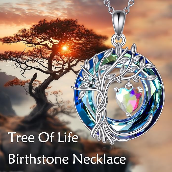 POPLYKE Mothers Day Gifts for Mom Her Wife Tree of Life Necklace 925 Sterling Silver Birthstone Pendant with Crystal Anniversary Birthday Wedding Jewelry for Women