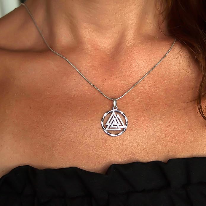 925 Sterling Silver Valknut Viking Necklace - Norse Mythology Odin Amulet - Three Triangles Pendant Chain 20" - Celtic Nordic Viking Jewelry Gift for Men and Women - Handmade