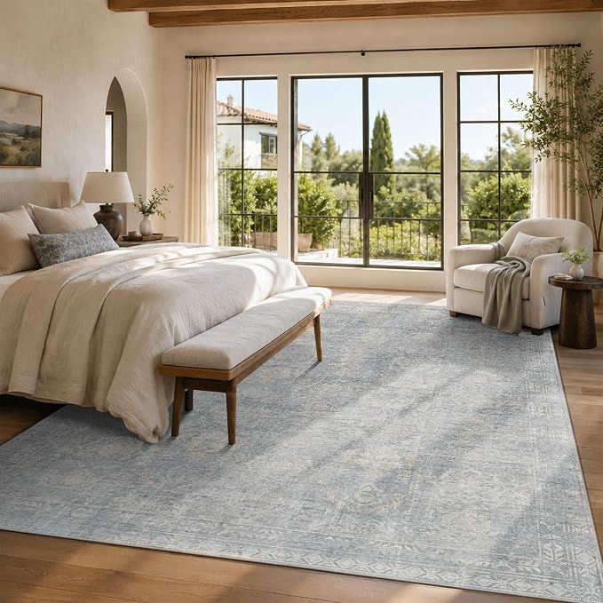 Rugxara 8x10 Area Rugs for Living Room Large Washable Rug, Blue/Beige | Non Slip, Rug for Dining Room Bedroom Office, Stain Resistant, Soft, Low Pile, Vintage Boho Retro Carpet, Washable,Home Decor