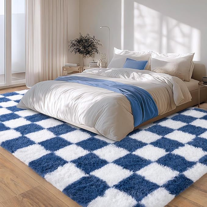 Checkered Rugs for Living Room, 5x7 Area Rug for Bedroom | Shaggy Shag Carpet, Soft and Comfy, Non Slip Big Fuzzy Carpet for Bedroom Nursery Kids Girls Boys Room Dorm Home Decor