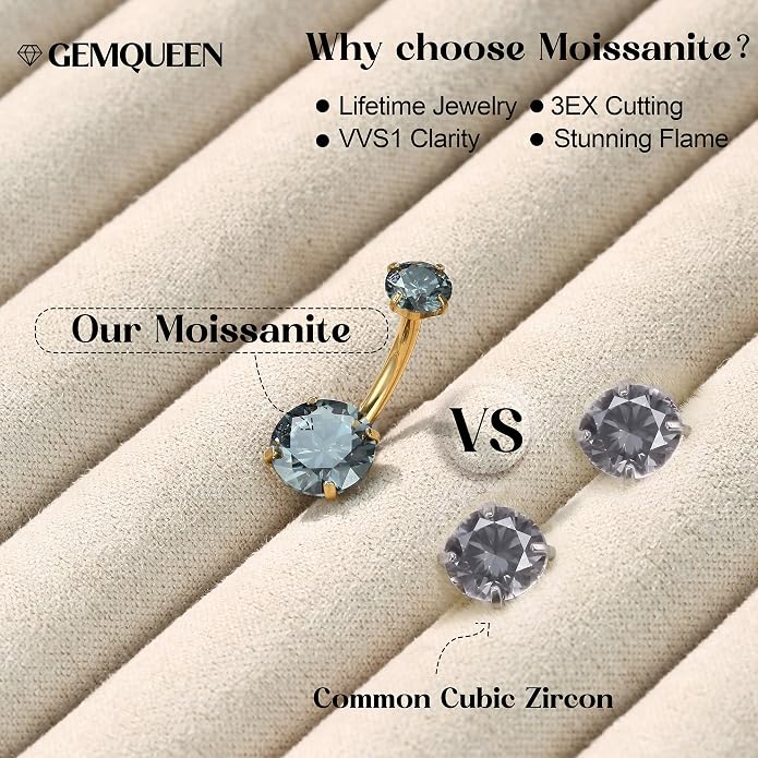 GEMQUEEN Moissanite ＆ G23 TItanium Belly Button Ring 18K Gold Plated Hypoallergenic Internally Threaded Belly Rings 14G Navel Piercing Jewelry For Women Men D Color VVS1 Clarity Brilliant Cut