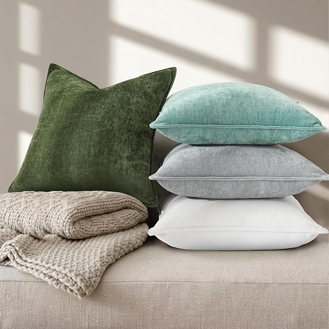 decorUhome Chenille Moss Green Velvet Throw Pillow Covers 12x20 Set of 2 | Fall Soft Lumbar Couch Decorative Modern Farmhouse Pillow Cases with Elegant Design for Sofa Bed Living Room Home Decor