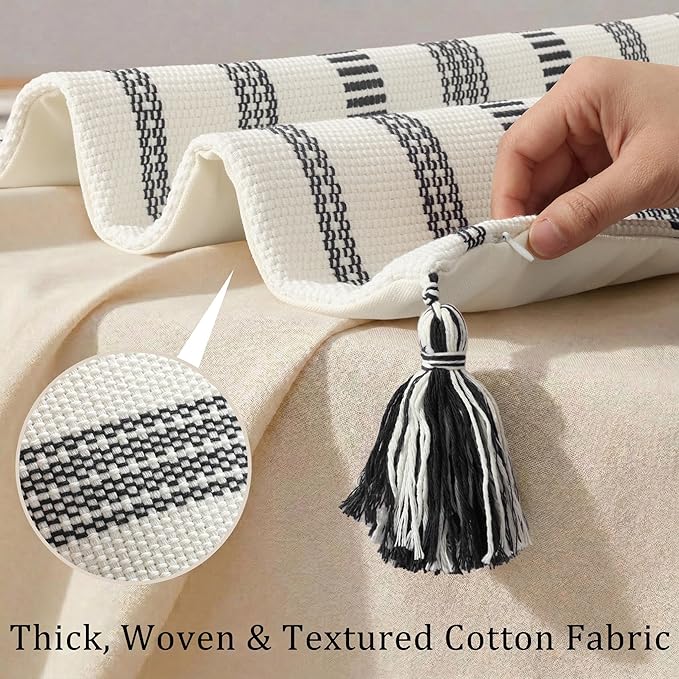 Smile Bee Boho Outdoor Couch Throw Pillow Covers Set of 2, Decorative Thick Woven Striped Accent Neutral Pillow Covers with Tassels for Bed Sofa Home Decor, 20x20 Inch, Black and Cream White | Woven Cozy Boho Decorative Modern Farmhouse Accent Pillow C...