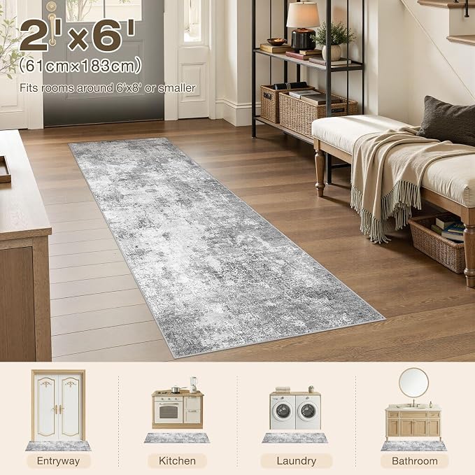 Machine Washable Runner Rug 2x6, Non Slip Soft Rug for Hallway | Modern Abstract Carpet, Stain Resistant and Kid & Pet Friendly, Joint-Friendly Indoor Rug, Made for Kitchen, Bathroom - Gray