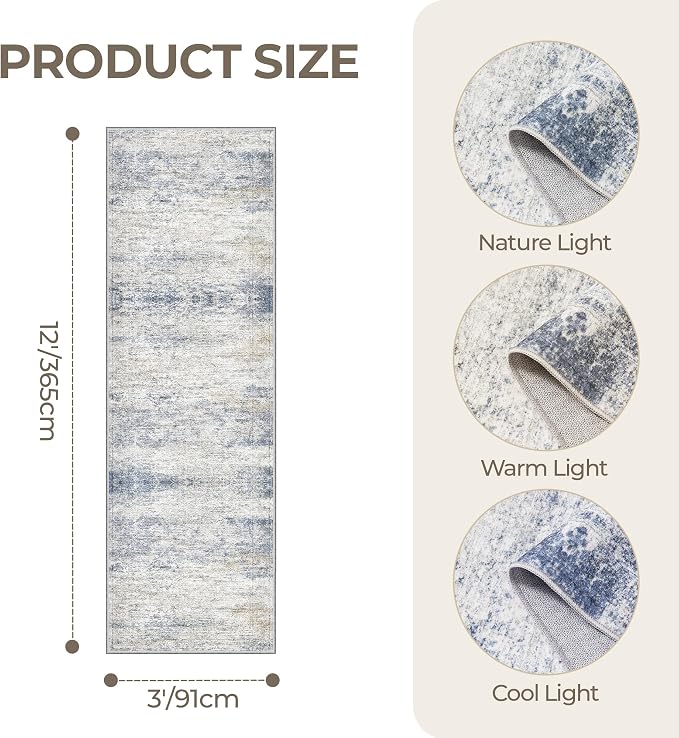 3x12 Runner Rug Non Slip,Washable Hallway Runner Rug,Blue | Carpet Runners for Hallway 12ft,Entryway,Bedroom,Living Room,Thin,Soft, Long Rug,Stain Resistant Indoor Carpet