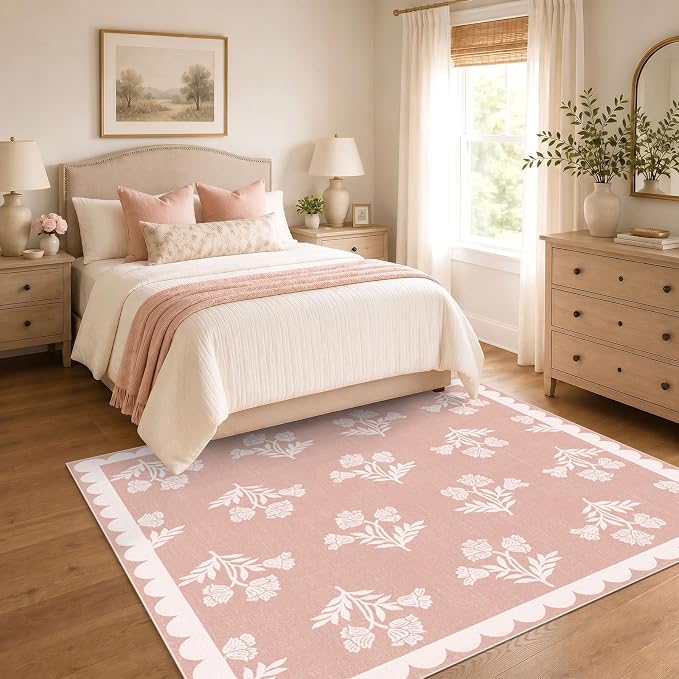 Pink Square Rugs 5ft - Soft Washable Boho Floral Girls Bedroom Rug 5x5 Stain Resistant Scalloped Dining Room Rugs for Under Table Cute Square Area Rug for Living Room Nursery Kids Room Carpet