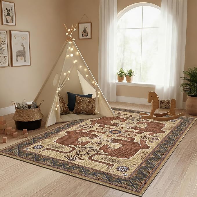 GarveeHome Tiger 5x7 Area Rugs, Boho Camel Washable Rugs for Living Room, Vintage Tribal Soft Animal Print Throw Rug Non Slip Ultra Thin Stain Resistant Floor Carpet for Office Bedroom