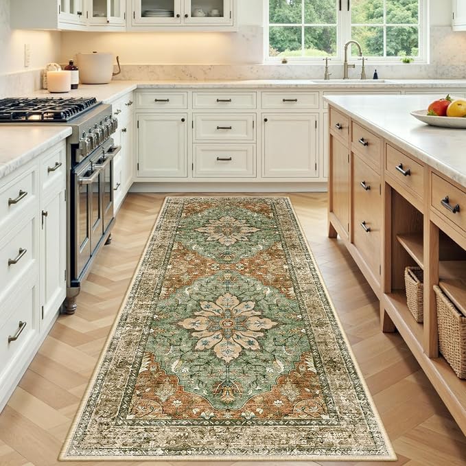 RELEANY Area Rugs Runner 3'x6' Washable Non-Slip, Floral Vintage Distress Medallion Carpet for Kitchen Hallway Bedroom Beside Laundry Room Bathroom, Terracotta Burnt Orange Green