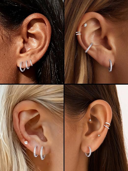 SILVERCUTE 925 Sterling Silver Huggie Hoop Earrings for Women,Hypoallergenic Small Hoop Earrings Lightweight Silver/14K Gold Hoops Cartilage Earrings for Women,8/10/12mm