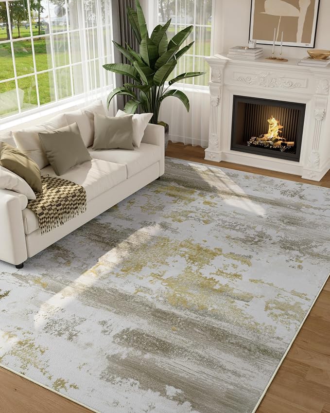 Kelarea Washable Area Rug for Living Room, 6x9 Non Slip Modern Abstract Beige Rugs, Easy Clearning Low Pile Large Carpet for Bedroom, Dining Room, Nursery, Office
