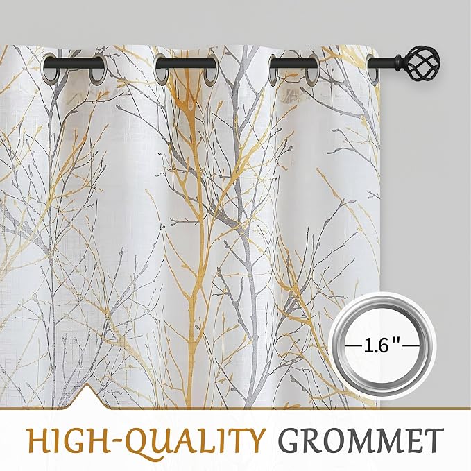 FMFUNCTEX Linen Yellow White Semi Sheer Patio Curtains 84 Inch Long 1 Panel | Extra Wide Sheer Patterned Patio Door Drapes, Tree Branch Print, Grommet Top for Sliding Doors and Airy Farmhouse Privacy